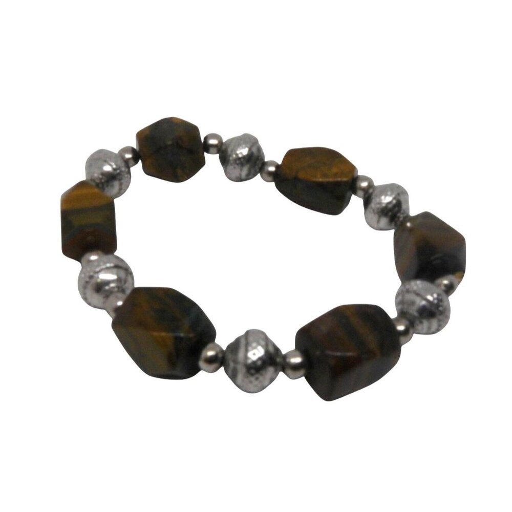 Tigers Eye & Silver Tone Beaded Stretch Bracelet